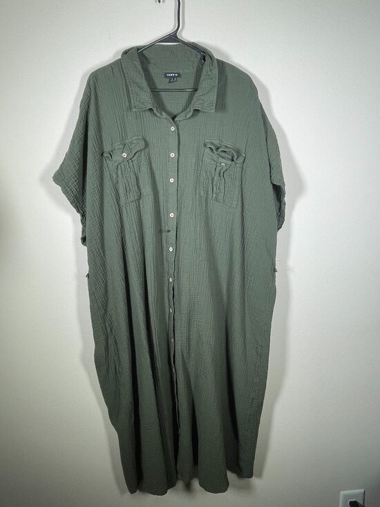 torrid Dresses & Skirts - Torrid Midi Double Pucker Gauze Shirt Dress Size: 4 Olive Green Missing Belt!